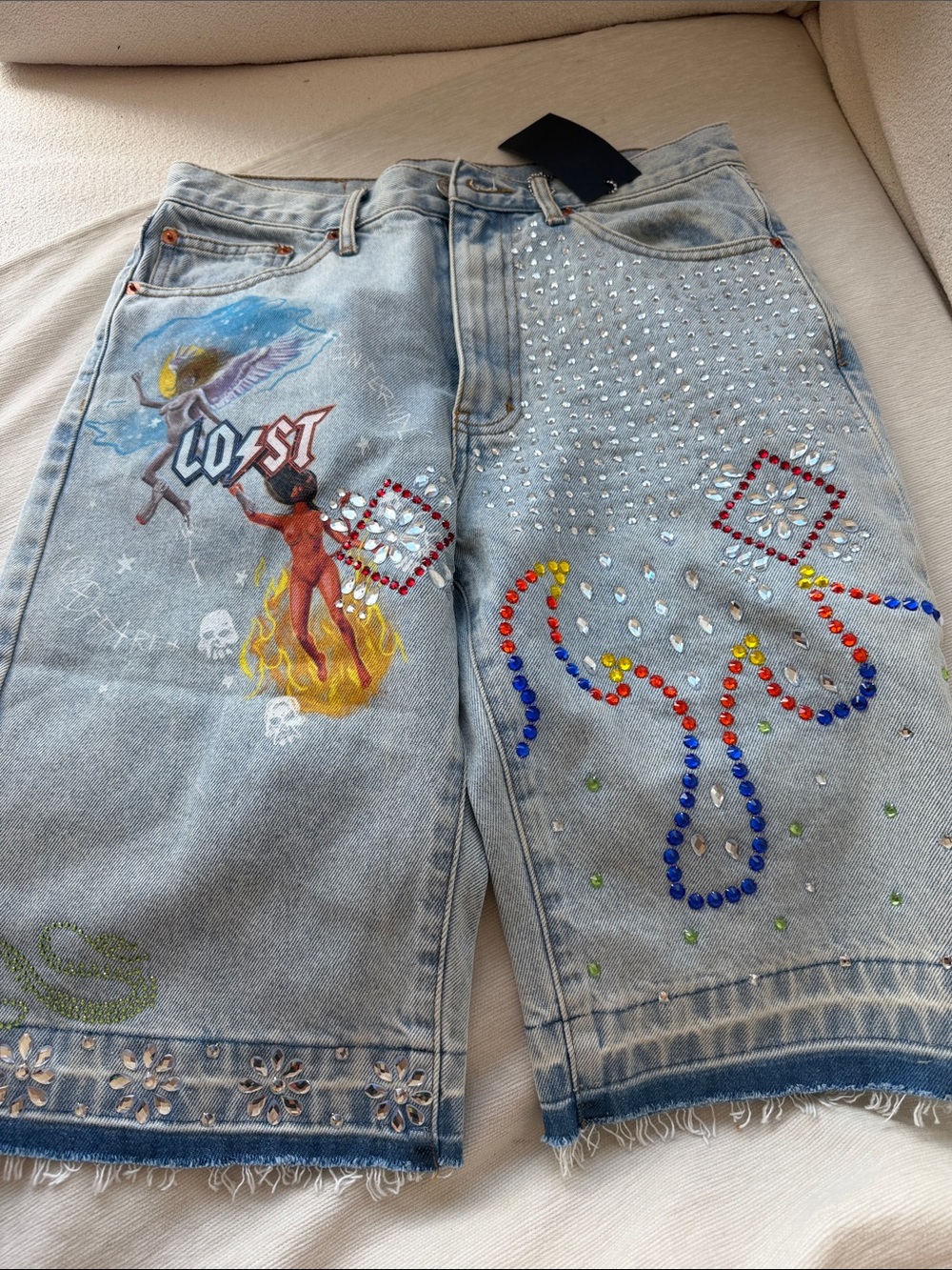 Lost Light Blue Embellished Jean Shorts with Multicolor Rhinestones